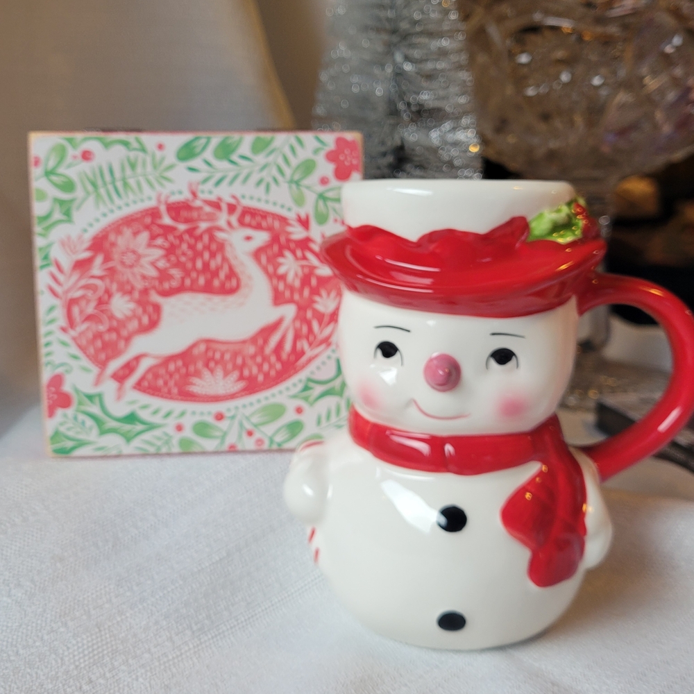 Pottery Barn Snowman Mug and Wooden Box with Holiday Accents